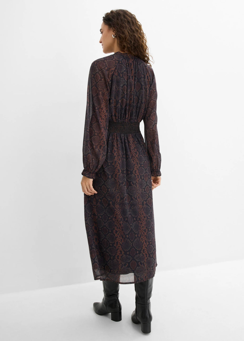 Women's Chiffon Dress with Ruffle Sleeves in Dark Brown Python Print, view 4
