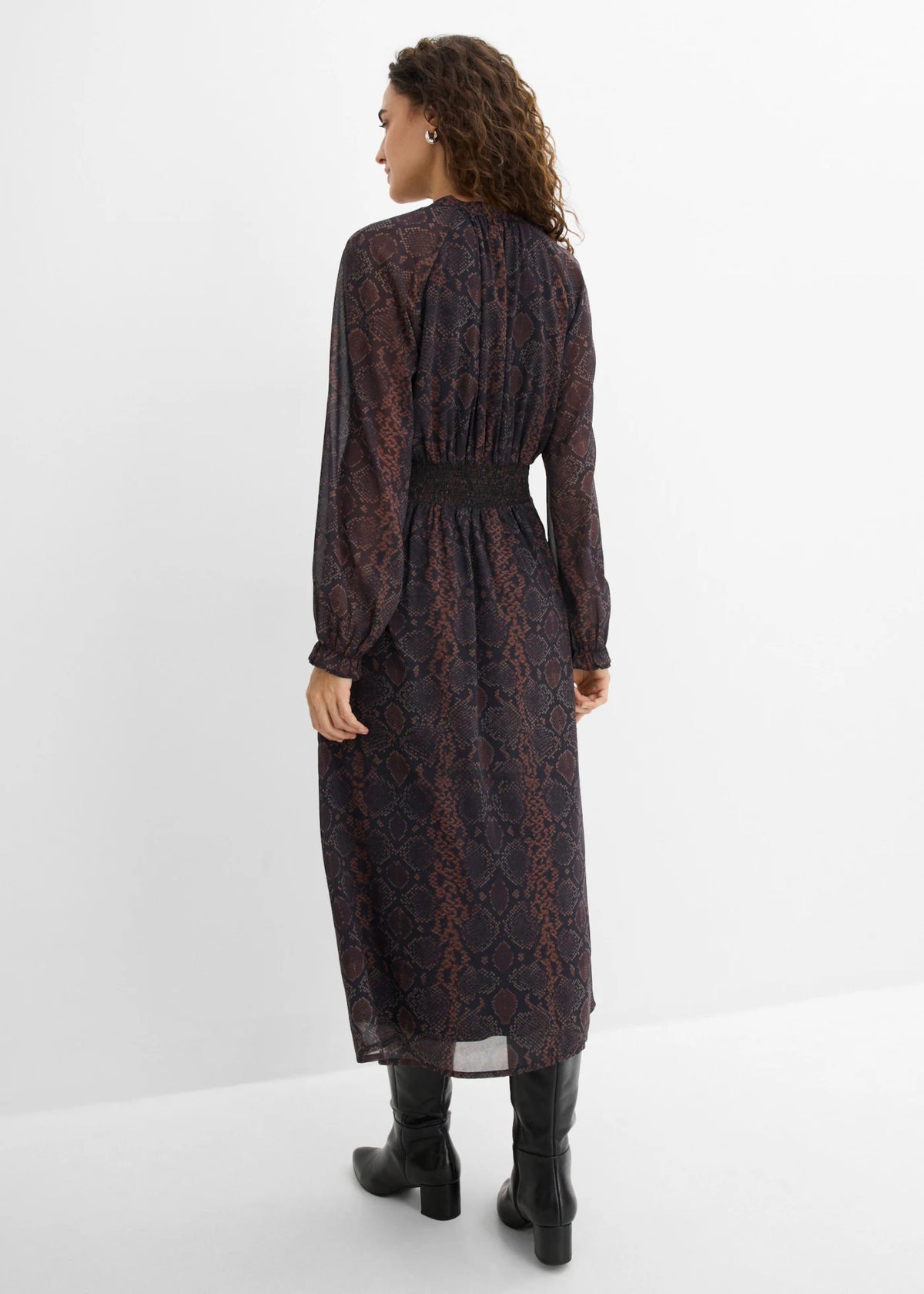 Women's Chiffon Dress with Ruffle Sleeves in Dark Brown Python Print, view 4