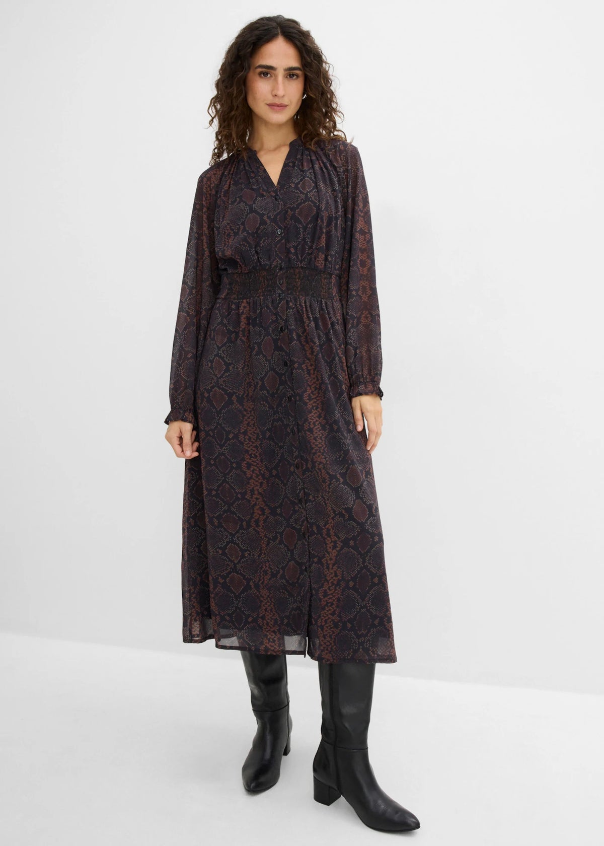 Women's Chiffon Dress with Ruffle Sleeves in Dark Brown Python Print, view 3