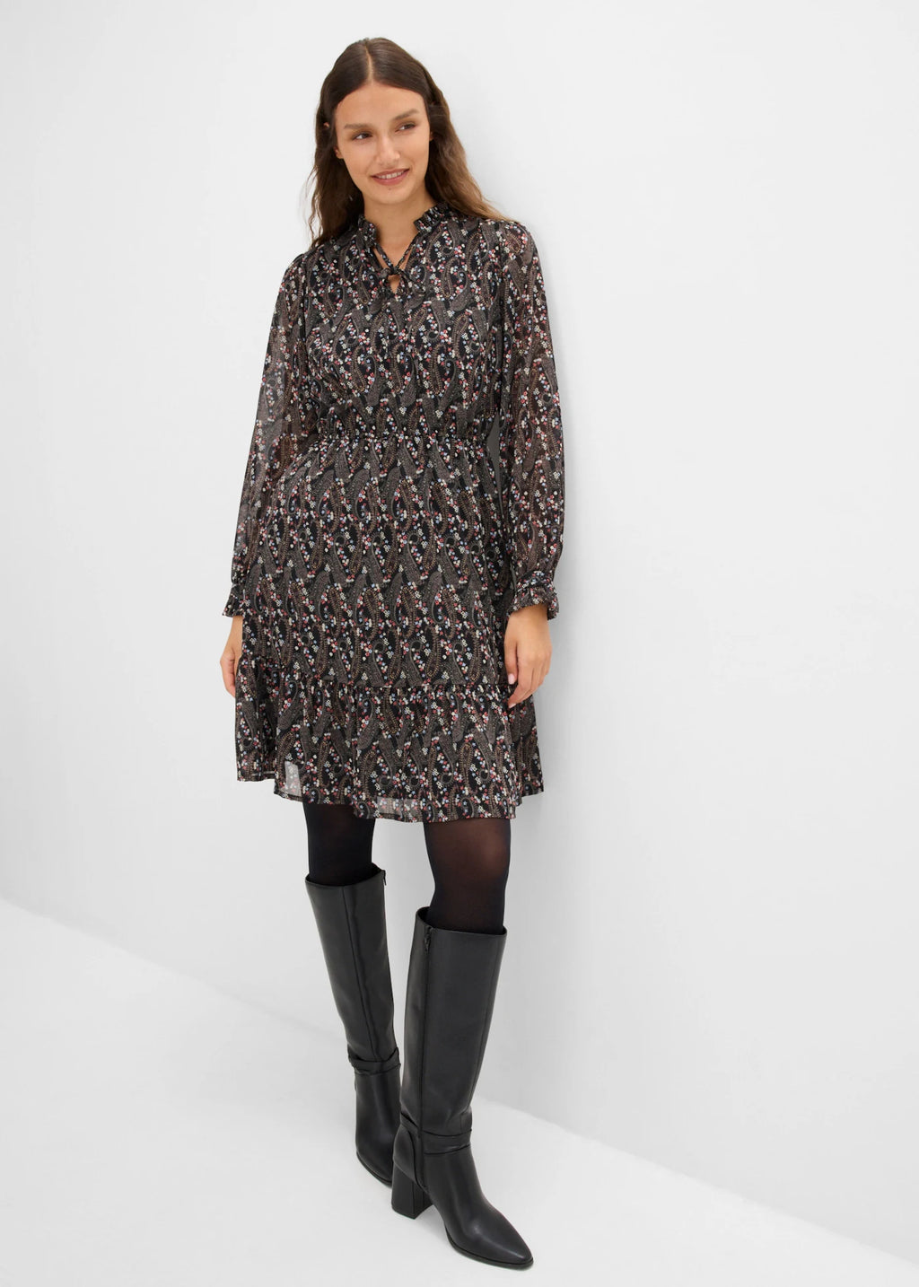 Women's Paisley Chiffon Dress in Black Paisley, view 3
