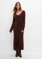 Women's Fluffy Knit Midi Dress in Dark Brown, view 3