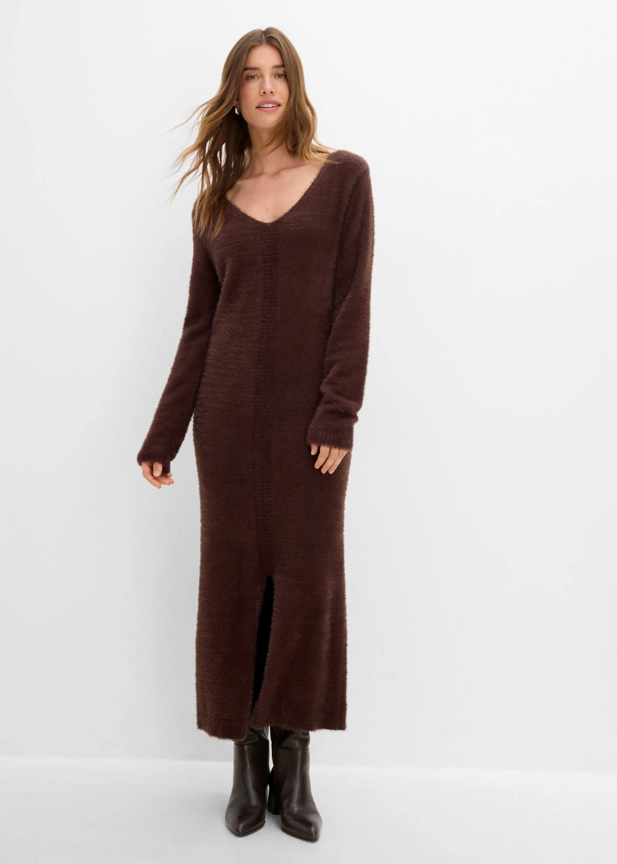Women's Fluffy Knit Midi Dress in Dark Brown, view 3