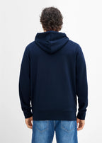 Men's Flock Print Hoodie in Dark Blue and Red, view 3