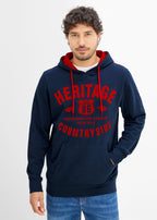 Men's Flock Print Hoodie in Dark Blue and Red, view 2