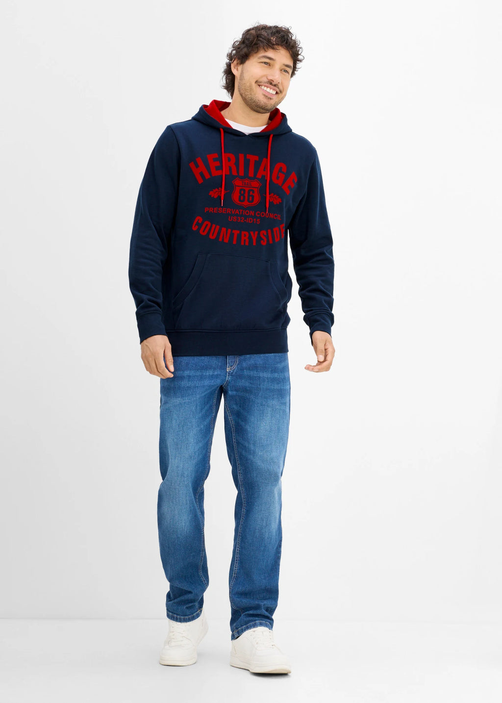 Men's Flock Print Hoodie in Dark Blue and Red, view 4