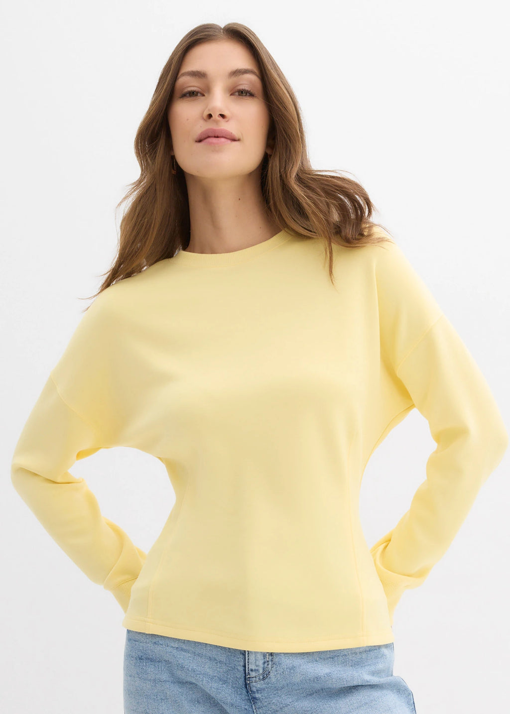 Women's Fitted Neoprene-Style Sweatshirt in Light Yellow, view 3