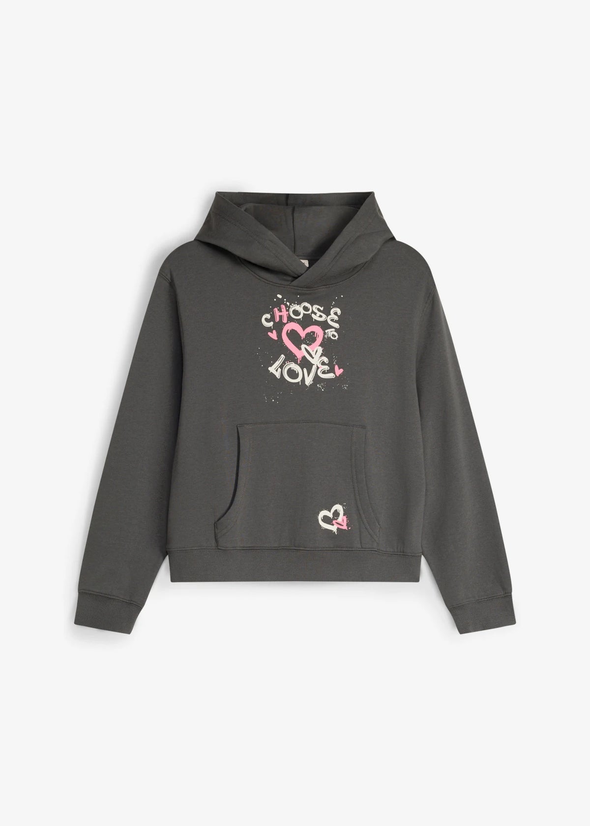 Girls' Soft Hooded Sweatshirt in Anthracite Print, view 1