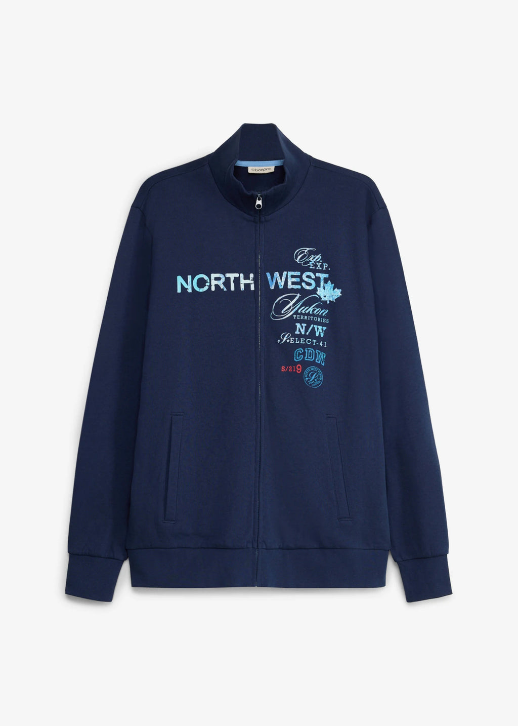 Men's Pure Cotton Zip Sweatshirt with Stand Collar in Dark Blue Print, view 1