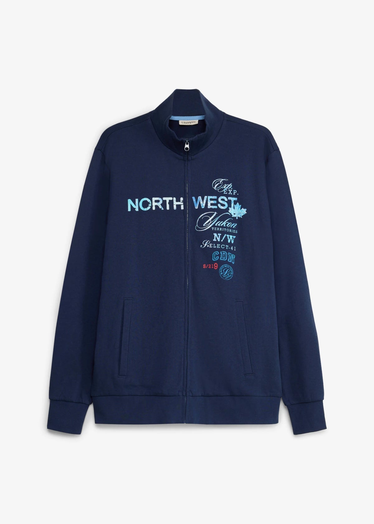 Men's Pure Cotton Zip Sweatshirt with Stand Collar in Dark Blue Print, view 1