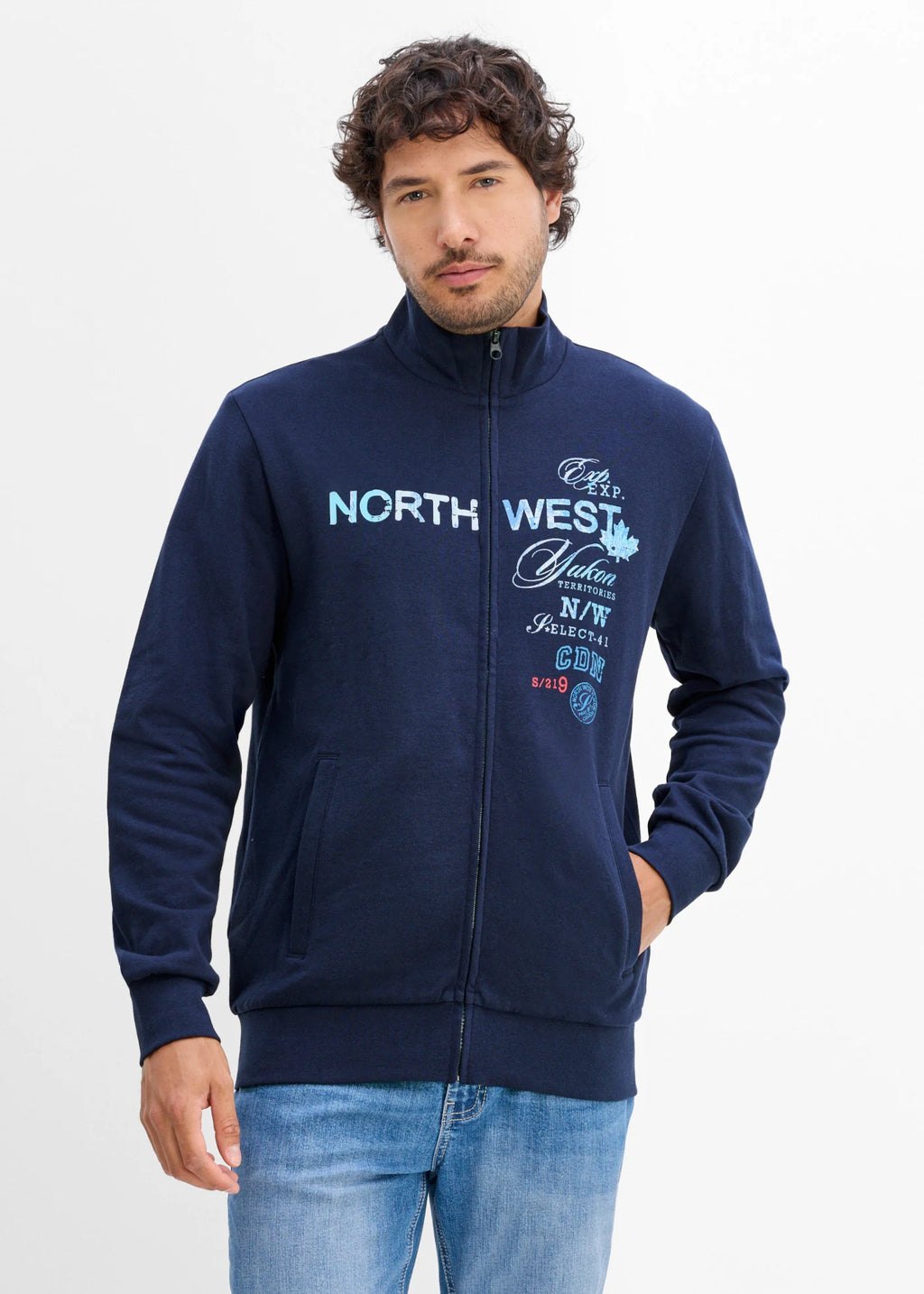 Men's Pure Cotton Zip Sweatshirt with Stand Collar in Dark Blue Print, view 2