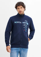 Men's Pure Cotton Zip Sweatshirt with Stand Collar in Dark Blue Print, view 2