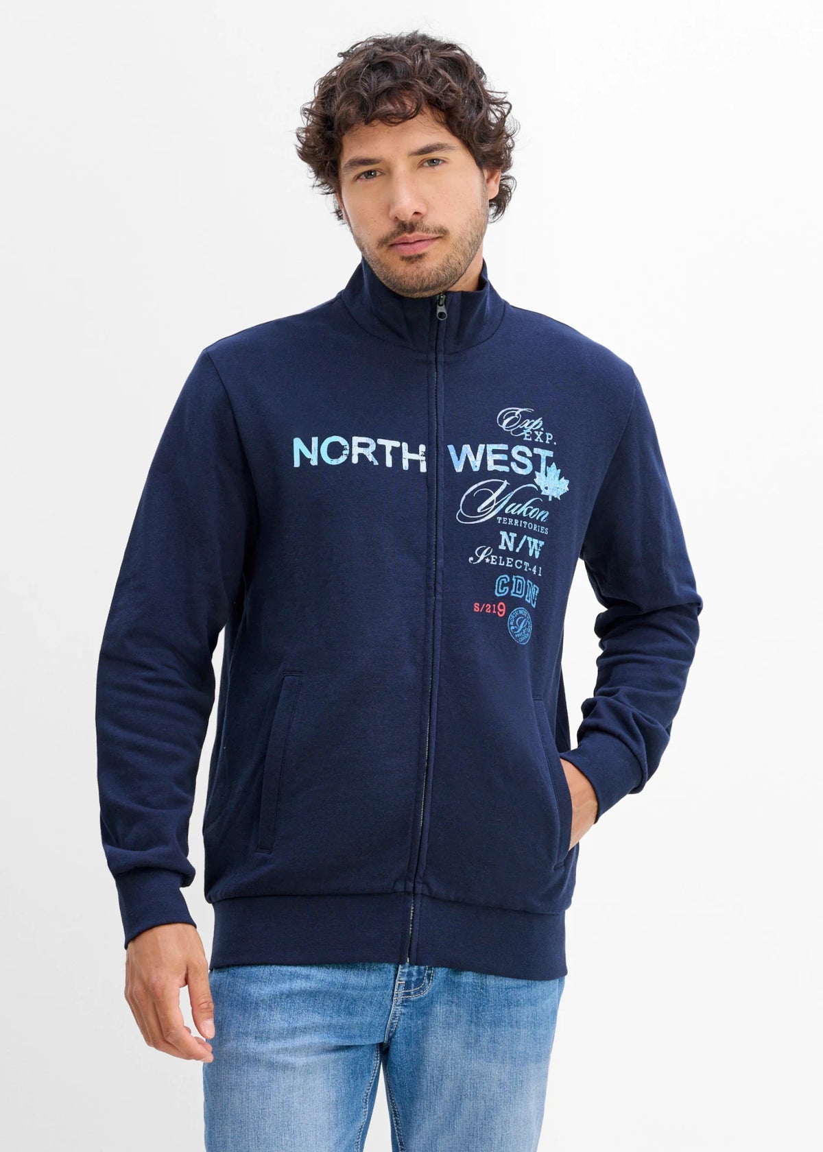 Men's Pure Cotton Zip Sweatshirt with Stand Collar in Dark Blue Print, view 2