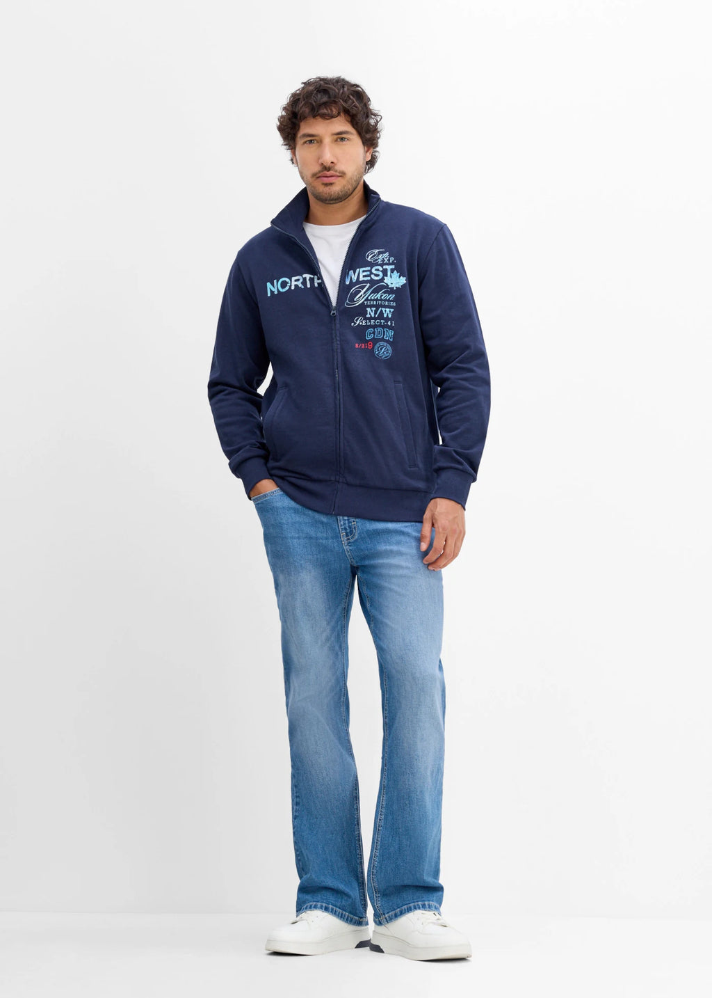 Men's Pure Cotton Zip Sweatshirt with Stand Collar in Dark Blue Print, view 4