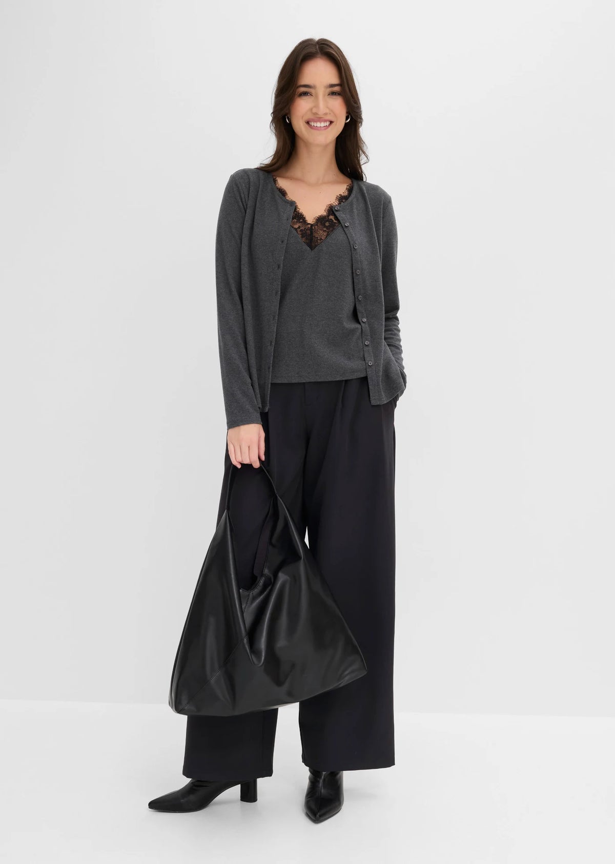 Women's Lace Two-in-One Top in Heather Anthracite, view 4