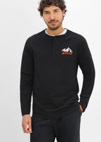 Men's Pure Cotton Henley Shirt in Black, view 2