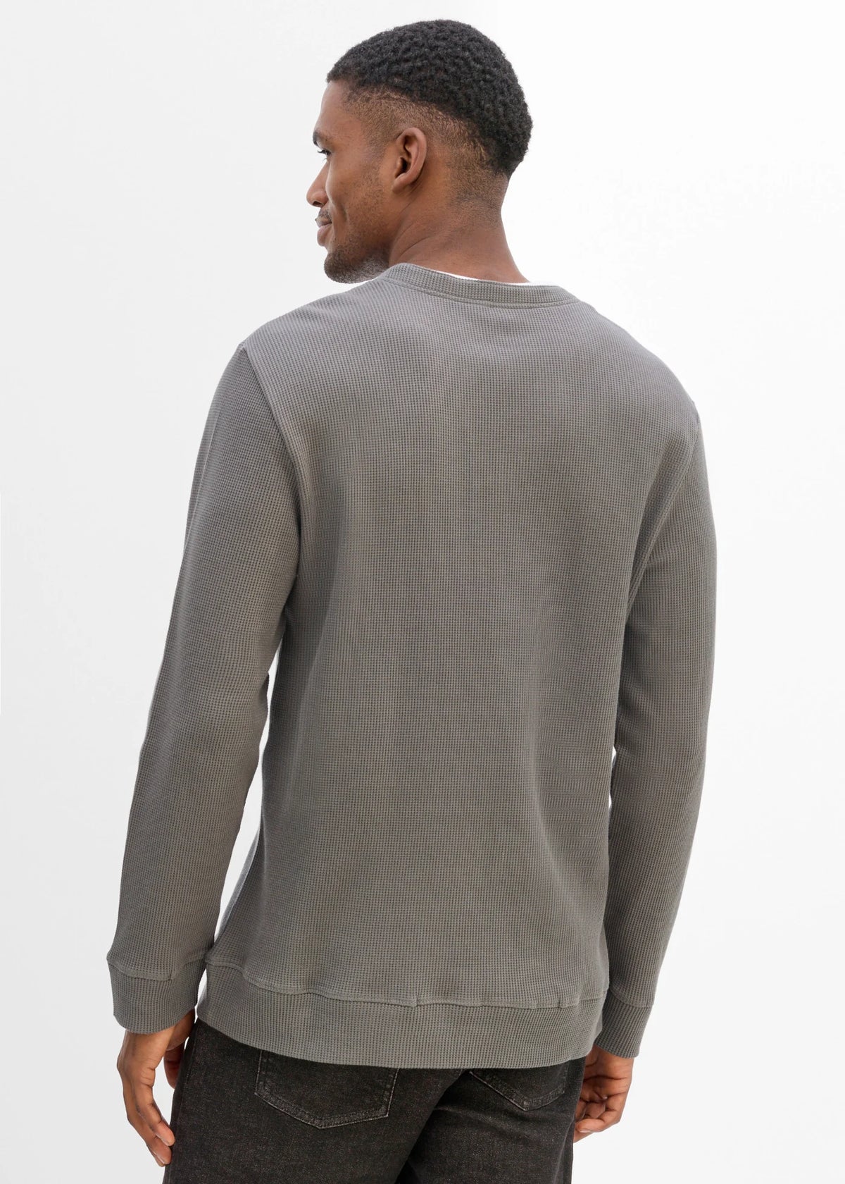Men's Pure Cotton Waffle Long Sleeve Layered-Look Top in Smoky Gray, view 3