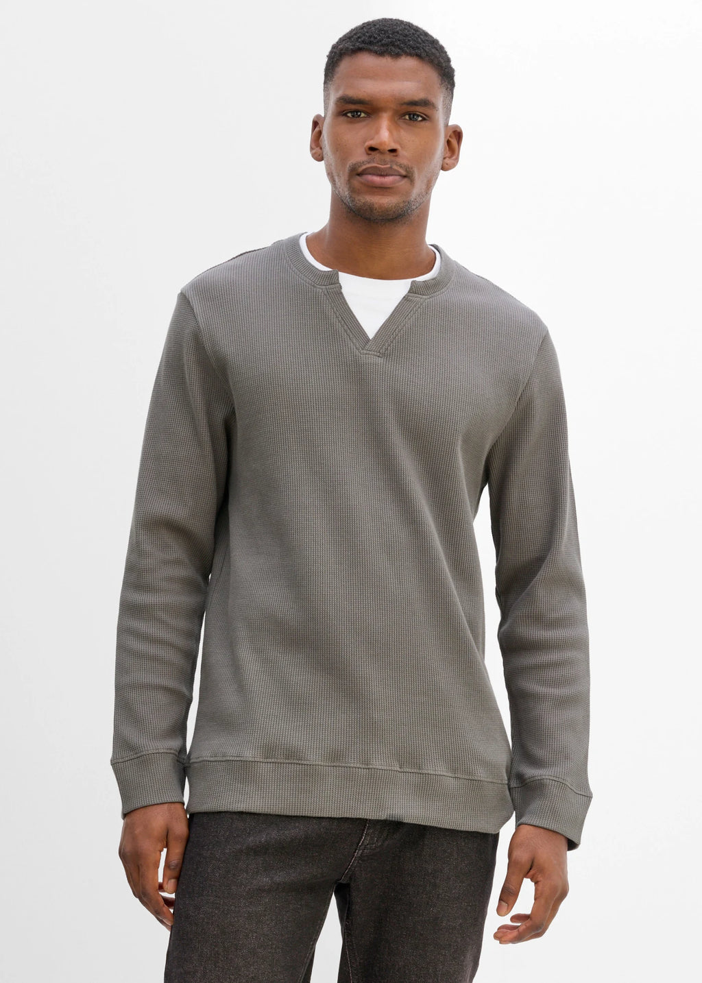 Men's Pure Cotton Waffle Long Sleeve Layered-Look Top in Smoky Gray, view 2