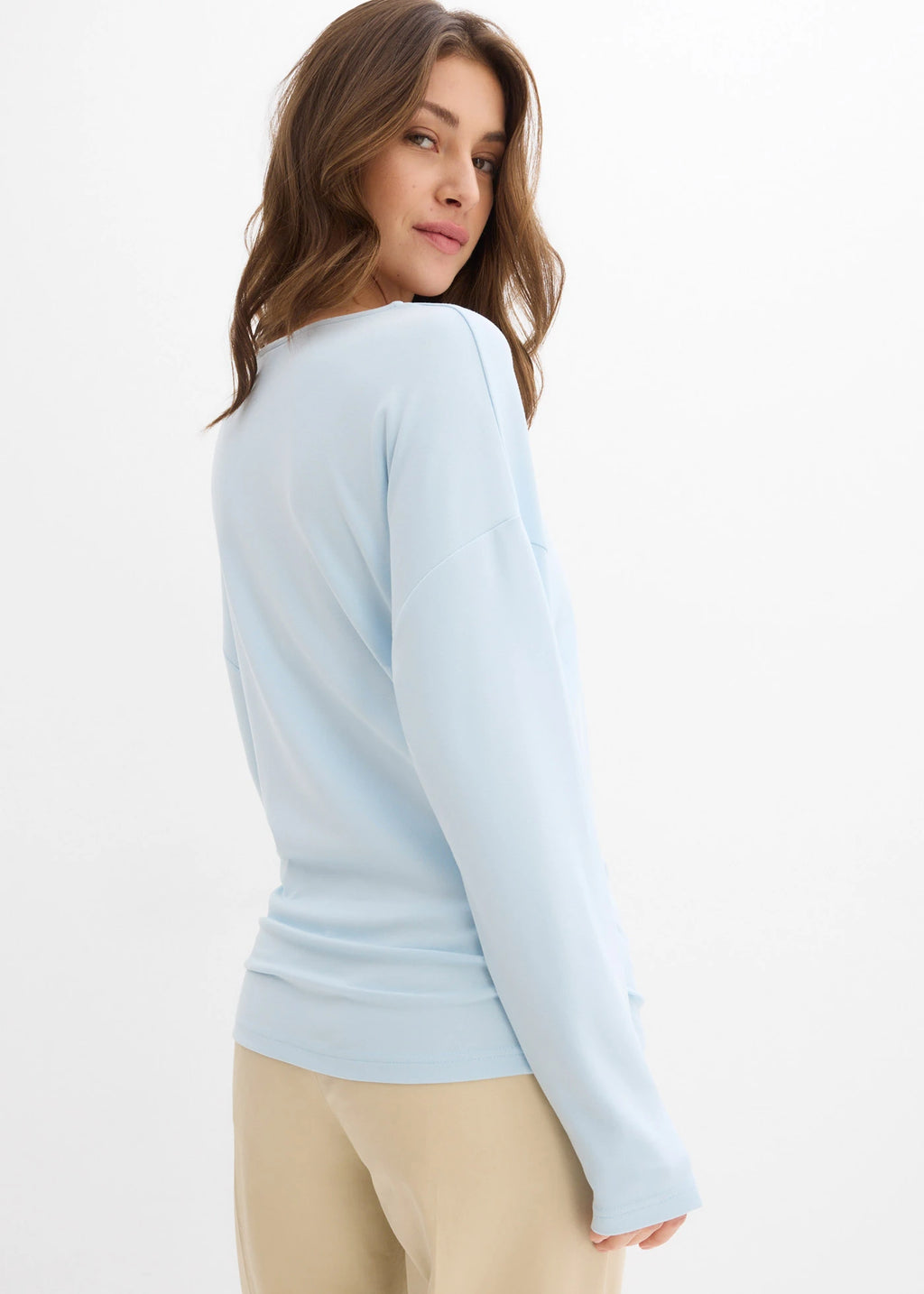 Women's Comfortable Ponte Long Sleeve Top in Powder Blue, view 4