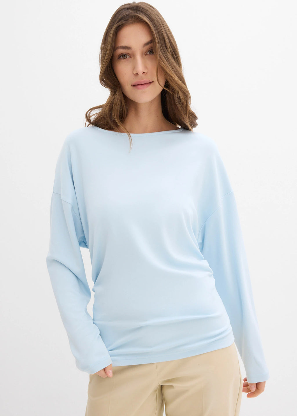 Women's Comfortable Ponte Long Sleeve Top in Powder Blue, view 3