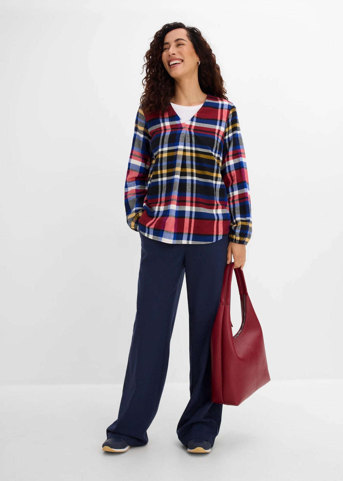 Women's Pure Cotton Flannel Tunic in Red, Bronze, Blue, Ecru and Black Print, view 4