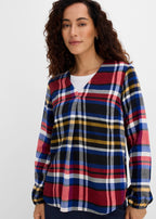 Women's Pure Cotton Flannel Tunic in Red, Bronze, Blue, Ecru and Black Print, view 2