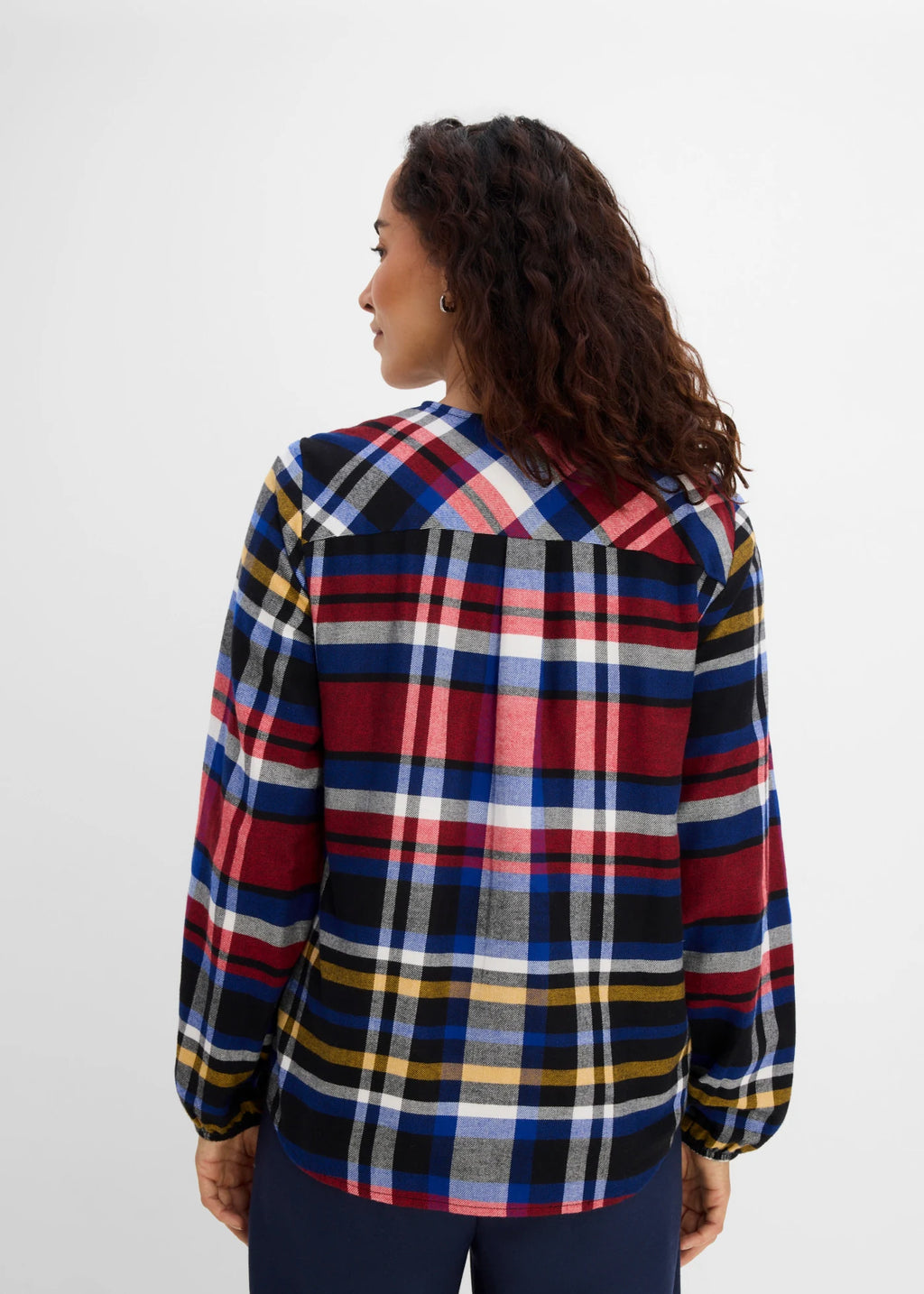 Women's Pure Cotton Flannel Tunic in Red, Bronze, Blue, Ecru and Black Print, view 3