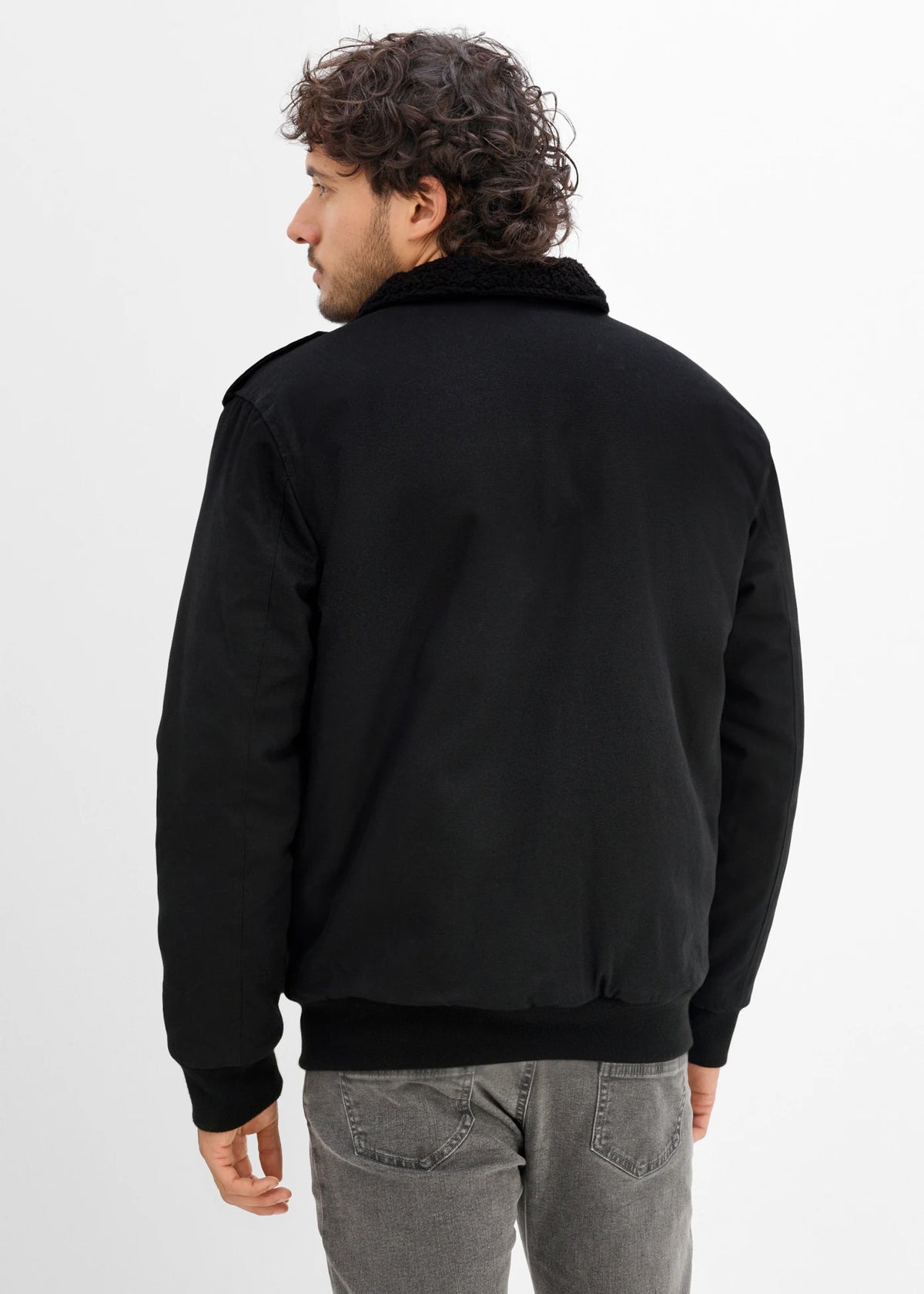 Men's Sherpa-Lined Military Style Winter Jacket in Black, view 4