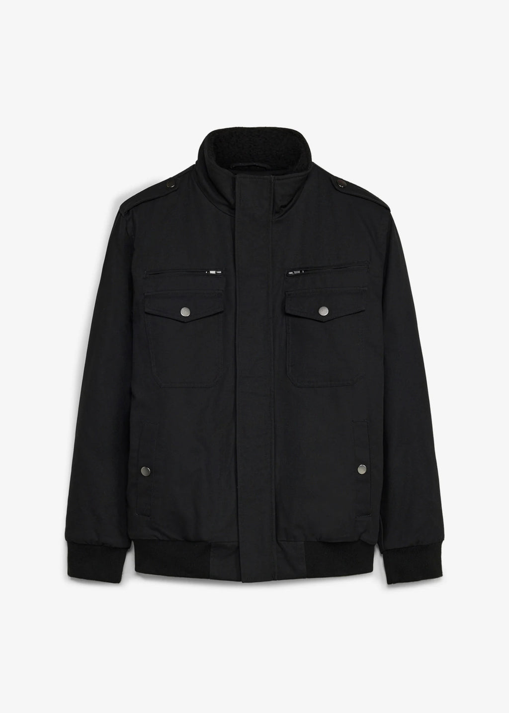 Men's Sherpa-Lined Military Style Winter Jacket in Black, view 1
