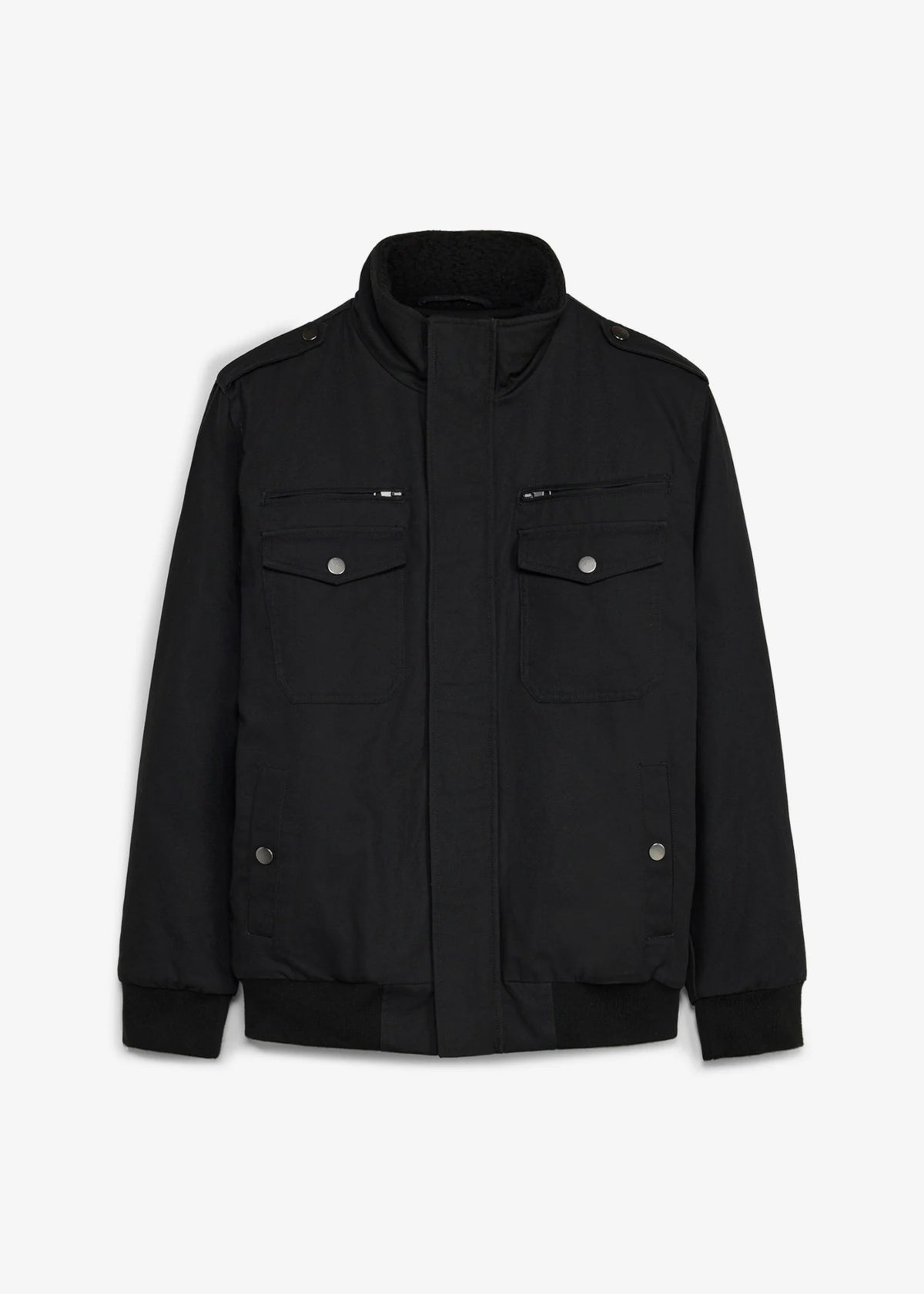 Men's Sherpa-Lined Military Style Winter Jacket in Black, view 1