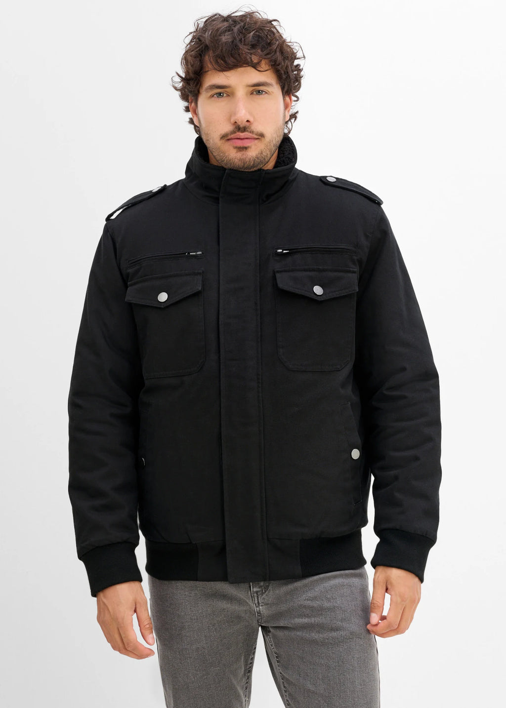 Men's Sherpa-Lined Military Style Winter Jacket in Black, view 3