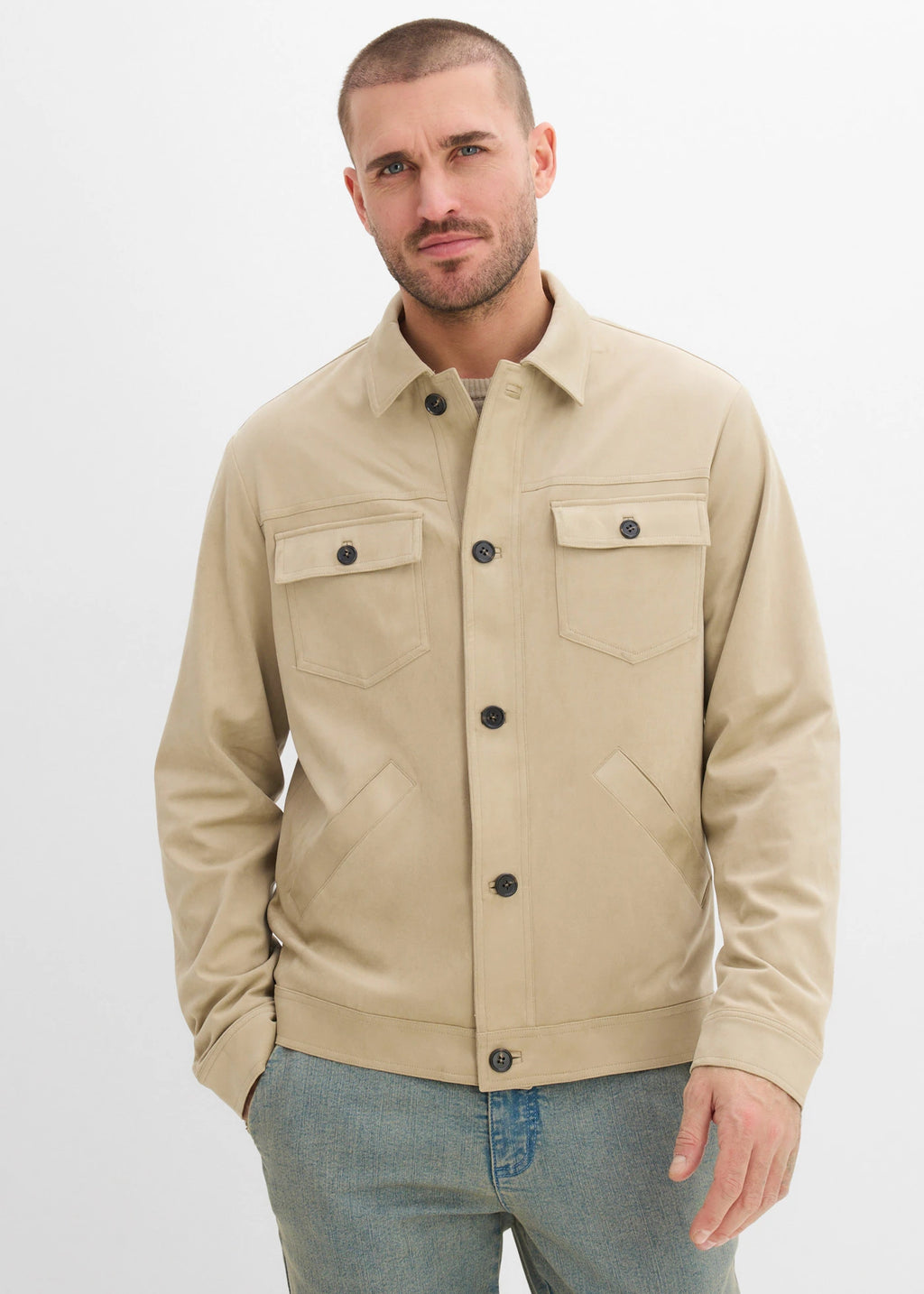 Men's Faux Suede Jacket in Muted Reed Green, view 3