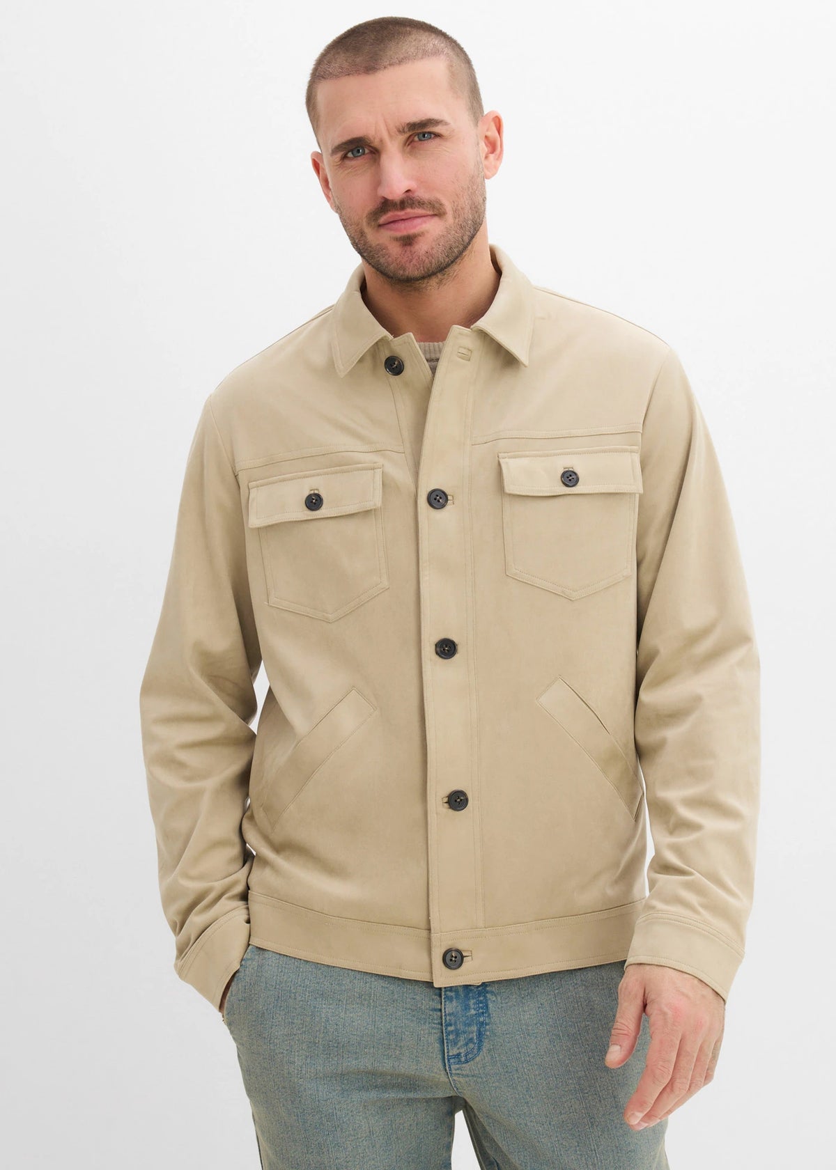 Men's Faux Suede Jacket in Muted Reed Green, view 3