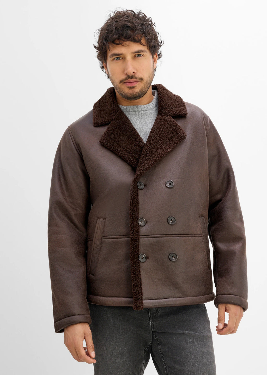 Men's Sherpa-Lined Coated Jacket in Dark Brown, view 3