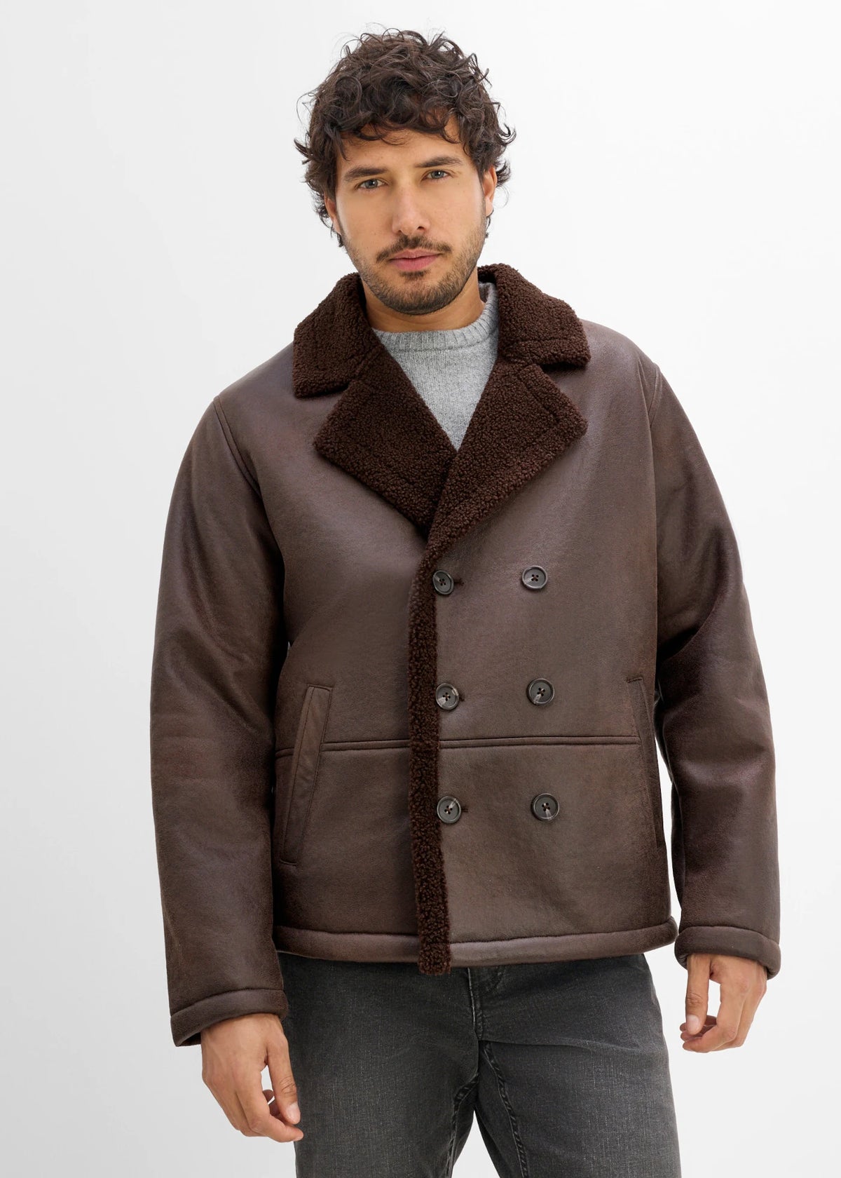 Men's Sherpa-Lined Coated Jacket in Dark Brown, view 3