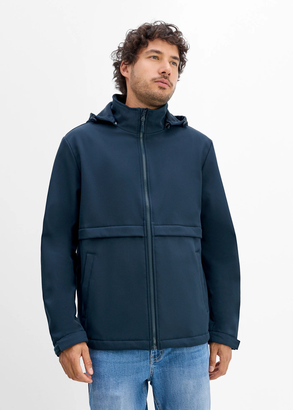Men's Water-Repellent Softshell Jacket with Detachable Hood in Dark Blue, view 3