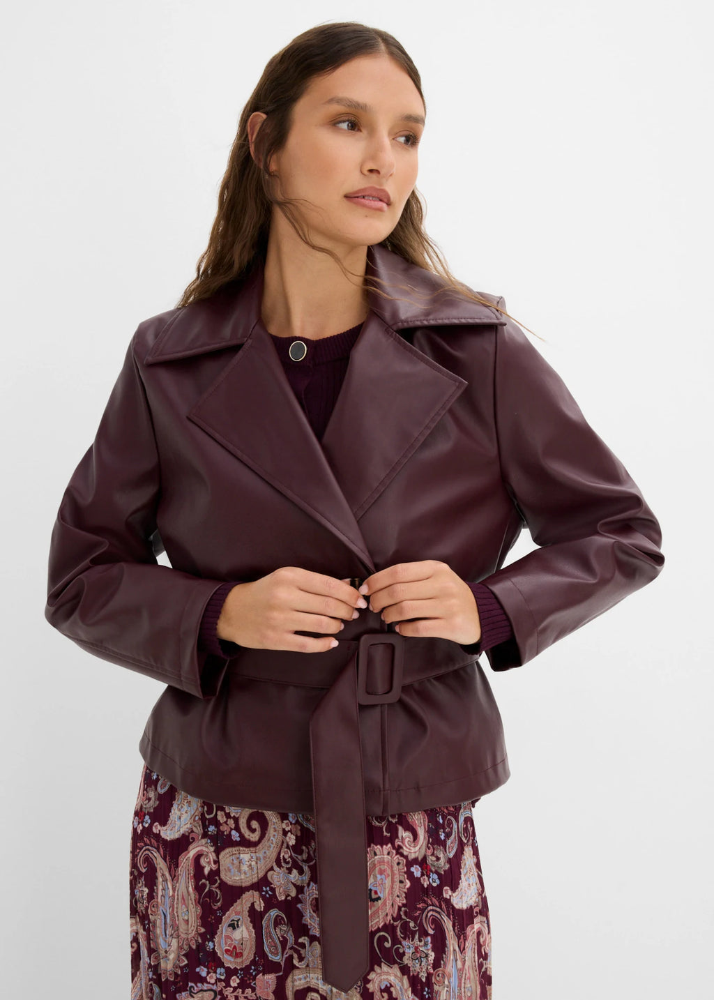Women's Coated Trench Jacket in Burgundy, view 3